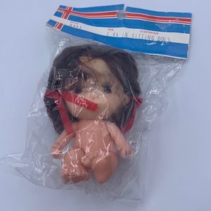 Vintage 4 3/4” Brown Hair Big Eyes Sitting Plastic Doll red Bow Ponytail…